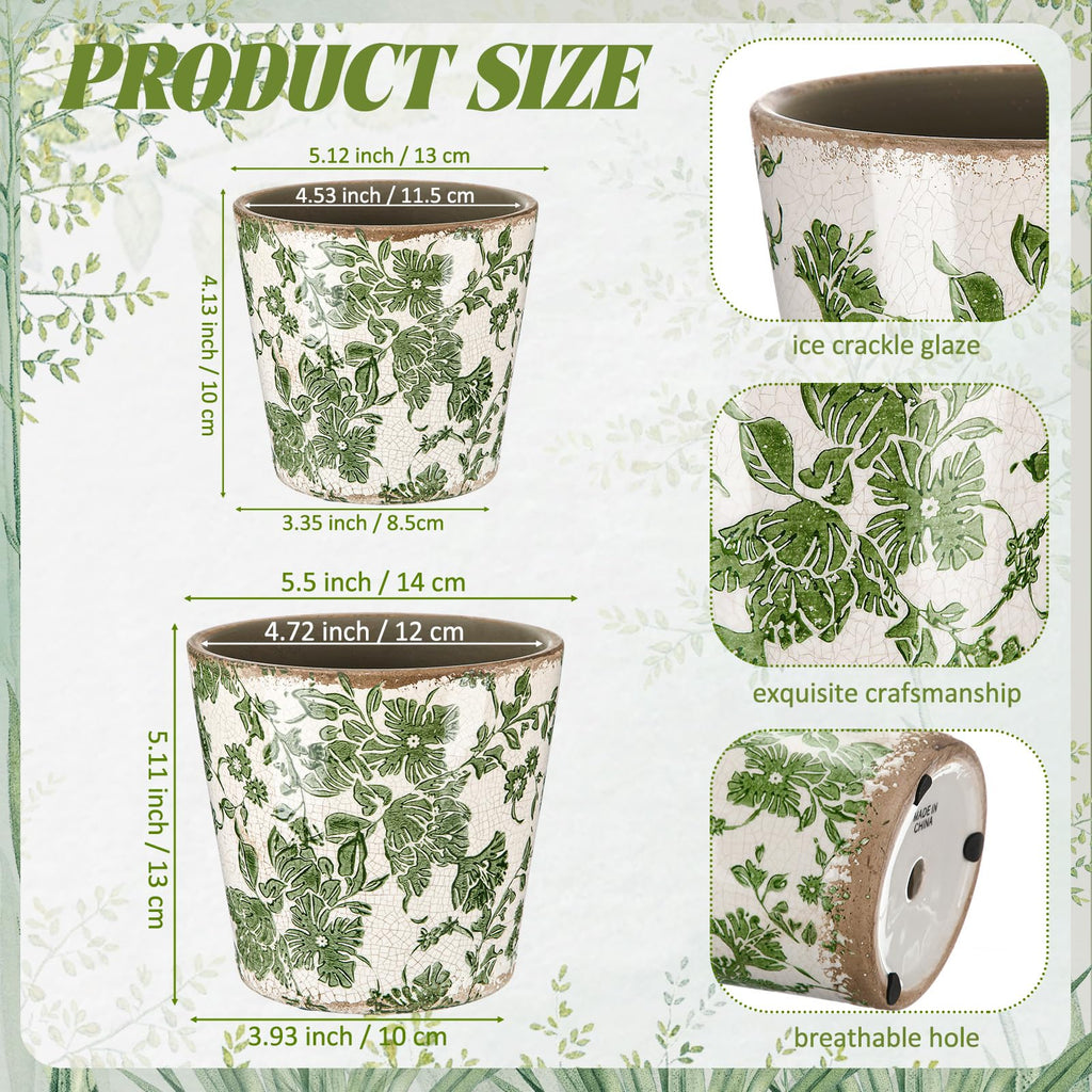 2 Pcs Farmhouse Ceramic Planters Gifts Set 5.1"x 5.5" Christmas Vintage Flowers Pots Green Ice Crackle Glazed Plants