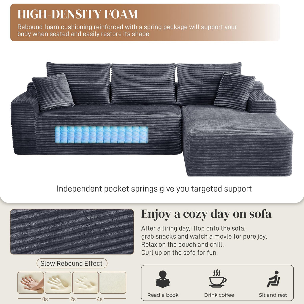 108" L Shaped Cloud Boneless Sectional Couches, Modern Comfy Modular Deep Seat Memory Foam Compressed Corduroy Sofa