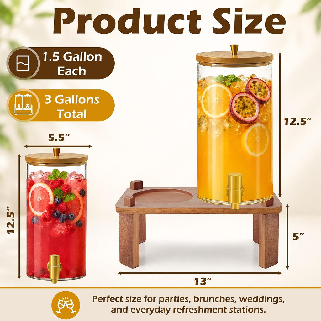 Drink Dispenser, 1.5 Gallon Each with Wood Stand, Juice Lemonade Dispenser with Stainless Steel Spigots, Drink - Set of 2