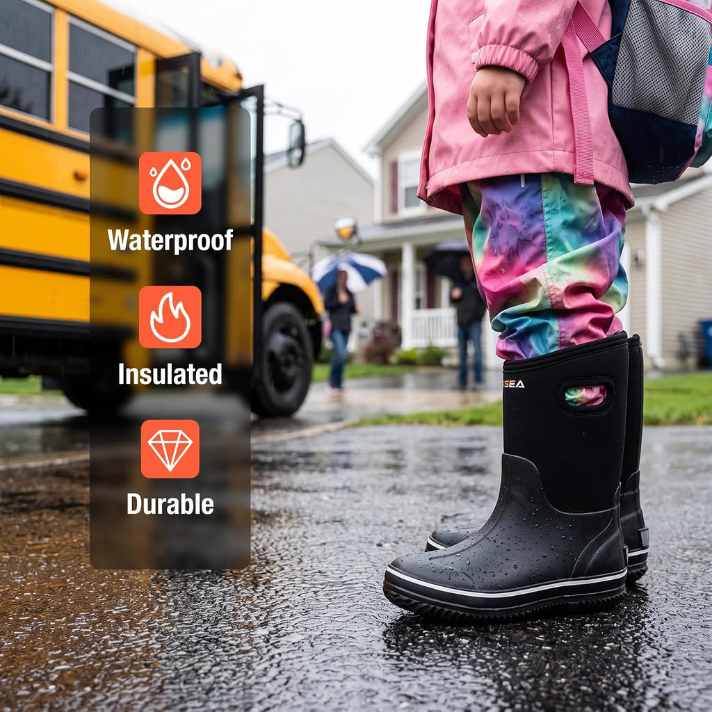 Kids Rain Boots for Boys Girls Rubber Mud Boots with Easy-On Handles
