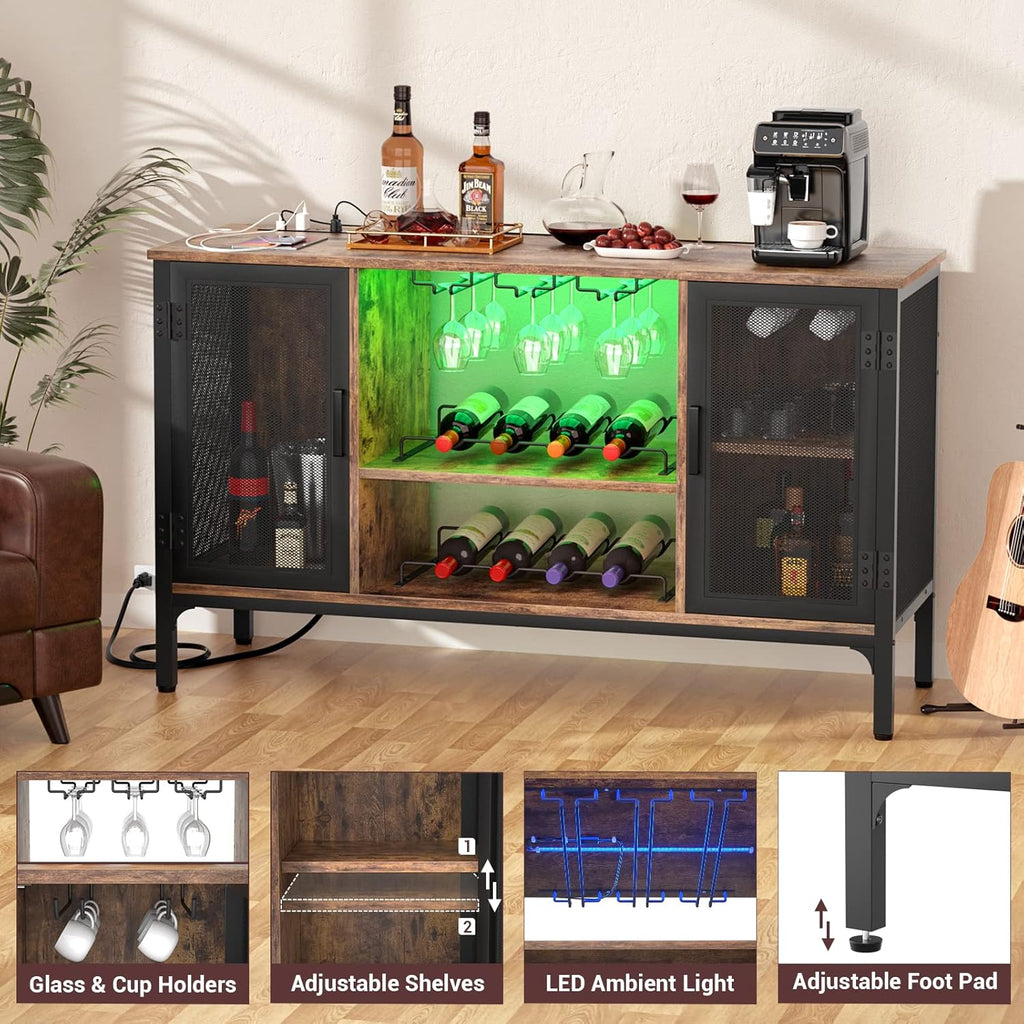 Wine Bar Cabinet with Power Outlets & LED Lights, Rustic Brown | Industrial Coffee Bar Cabinet with Wine Rack Bar
