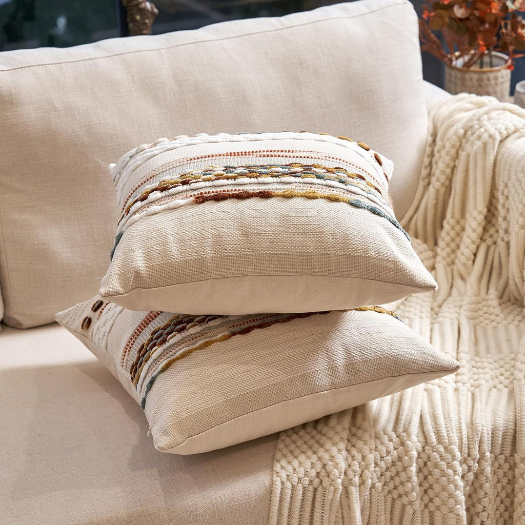 Boho Throw Pillow Covers 18x18 Inch Set of 2, Farmhouse Decorative Striped Square Pillow Covers Chenille Tufted