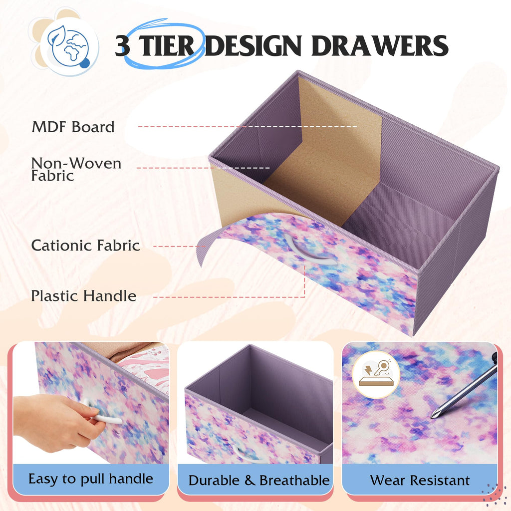 Dresser TV Stand with LED Lights & Outlets, 9 Fabric Drawers, Tie-dye