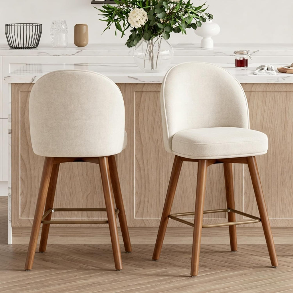 Modern Swivel Bar Stools Set of 2, Chic Upholstered Counter Height（26IN） Bar Chair with Back, Solid Wood Legs