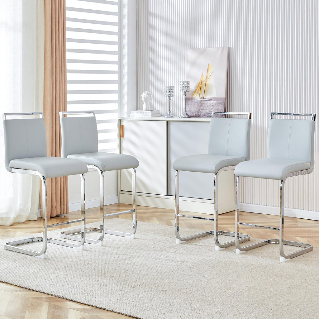 Bar Stools Set of 4, Counter Height Bar Stools with Backs, Grey Barstools with Chrome Plated Metal Leg, Upholstered