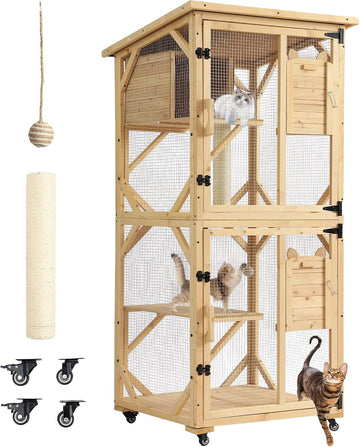 71" Catio Outdoor Cat Enclosure Window Access, Original Wood