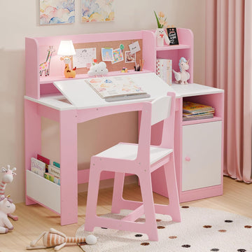 Kids Desk and Chair Set, Wooden Desk for Kids with Tiltable Desktop & Hutch, Kid Desk with Storage Cabinet, Study