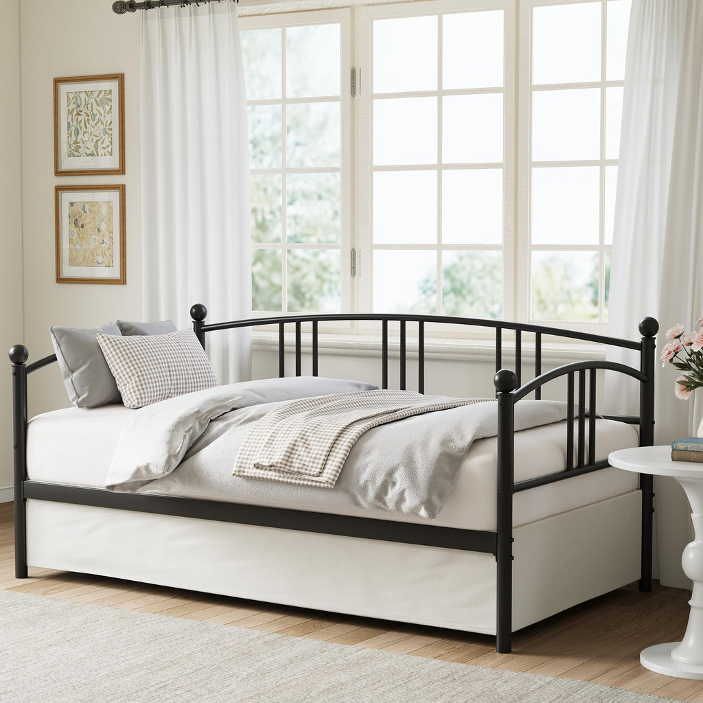 Twin Daybed with Trundle, Metal Twin Size Daybed with Pullout Trundle 6 Casters, Steel Slat Support Sofa Bed, Guest