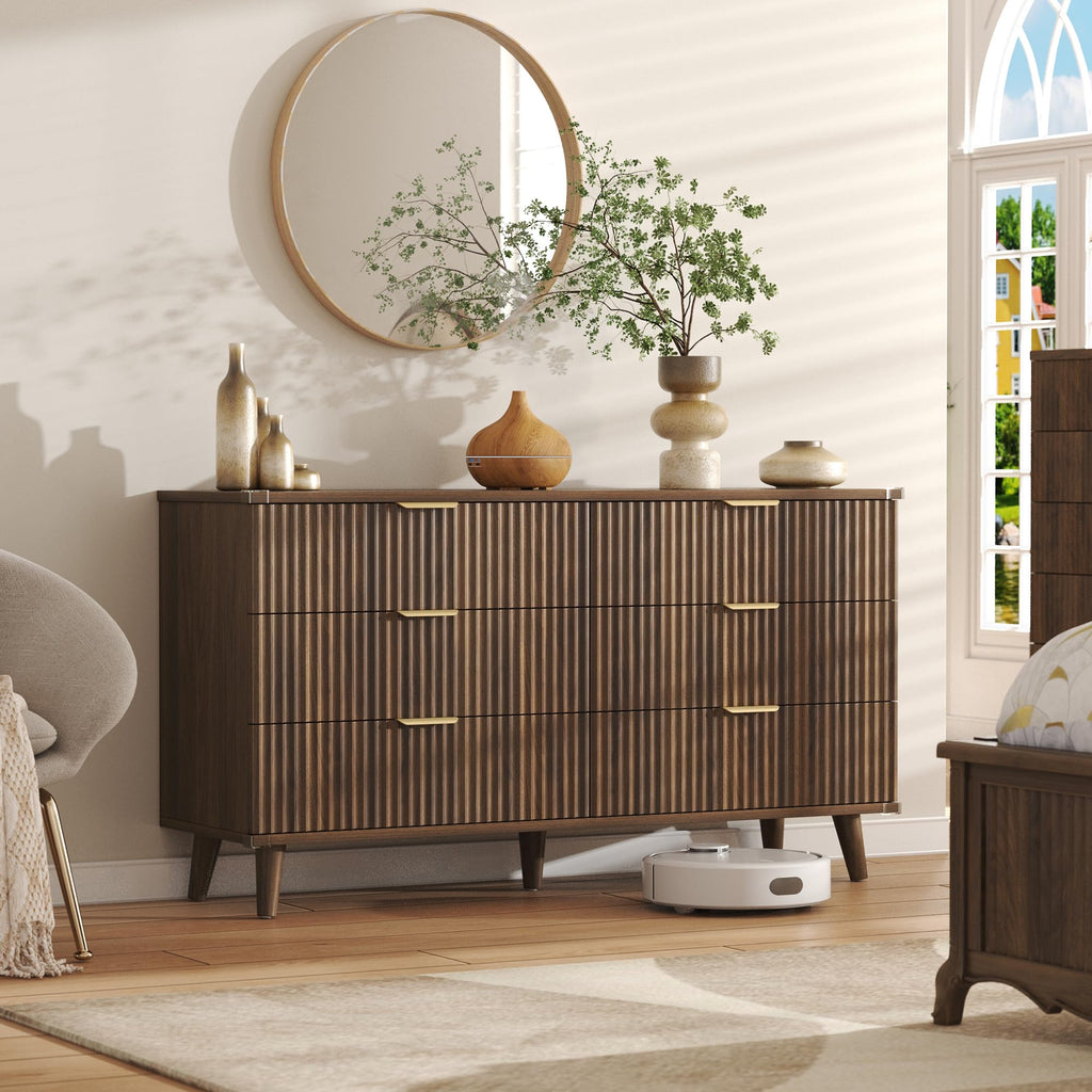 Wood Tall 6 Drawers Dresser, 53.2" W Fluted Modern Dressers