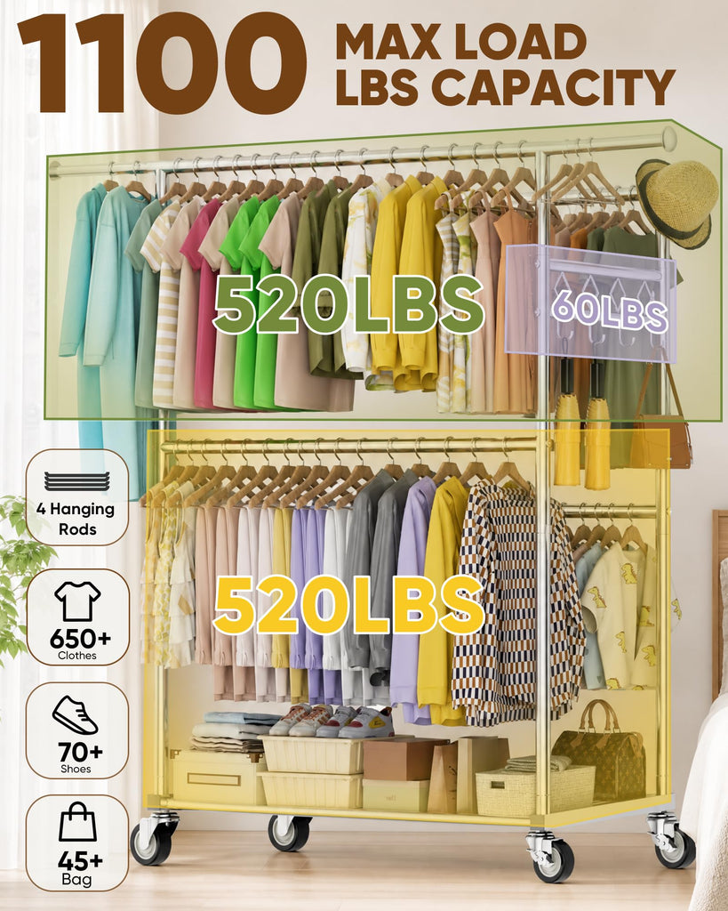 Large Clothes Rack with Shelf Loads 1100lbs, Four Rods Garment Rack, Silver