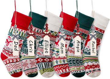 6 Pack Christmas Stockings, 21 Inches Large Cable Knitted Stockings, Snowflake Reindeer Snowman Christmas Tree