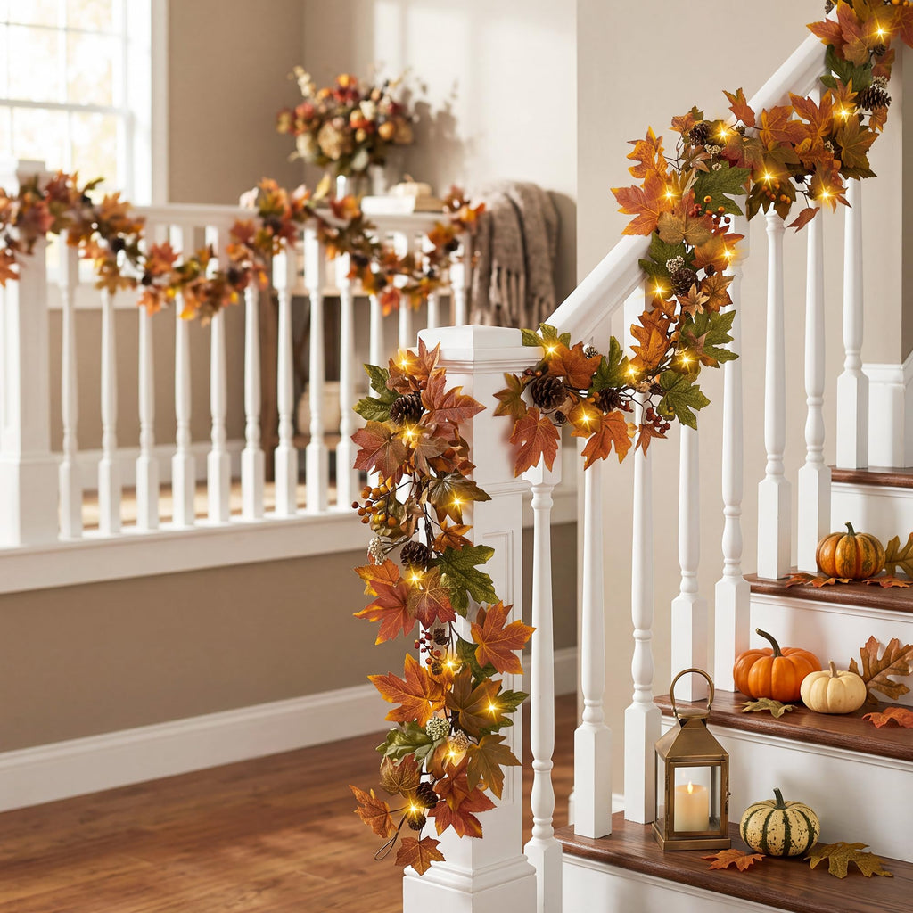 Fall Maple Leaf Garland, 6 Ft Fall Decor Garland with 30 Warm Lights