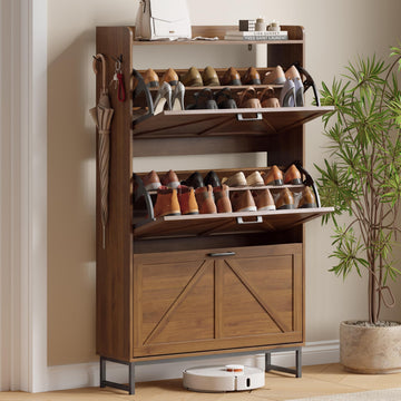 Shoe Storage Cabinet with 3 Flip Drawers, Entryway Shoe Rack, Walnut