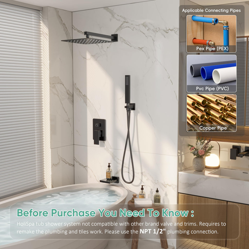 Black Tub Shower System with 10" Rain Head, Handheld & Valve Kit