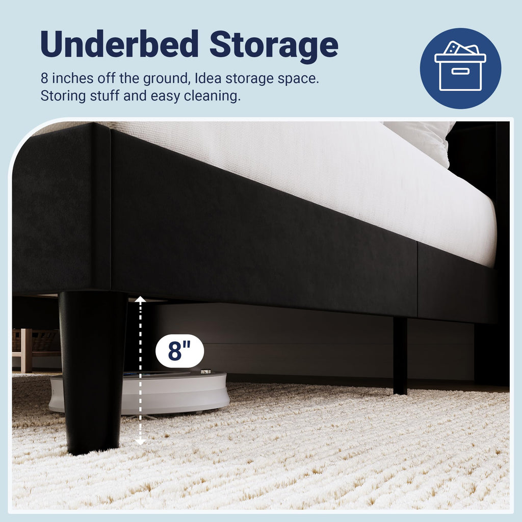 King Size Platform Bed Frame with Charging Station & Storage Headboard, Upholstered Velvet Wingback Design & USB