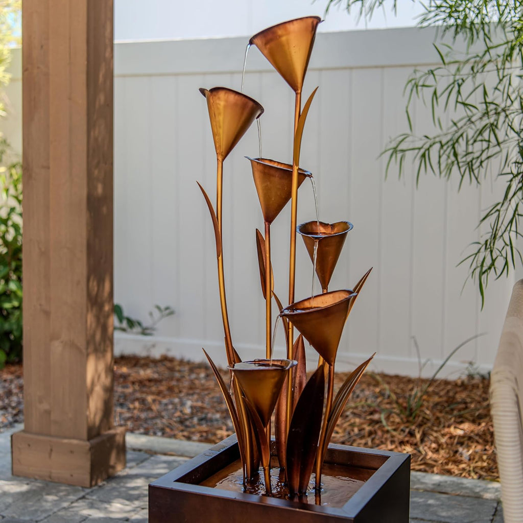 46" Tall Bronze Metal Sculptural Flower Multi-Tier Freestanding Water Fountain for Indoor & Outdoor Use