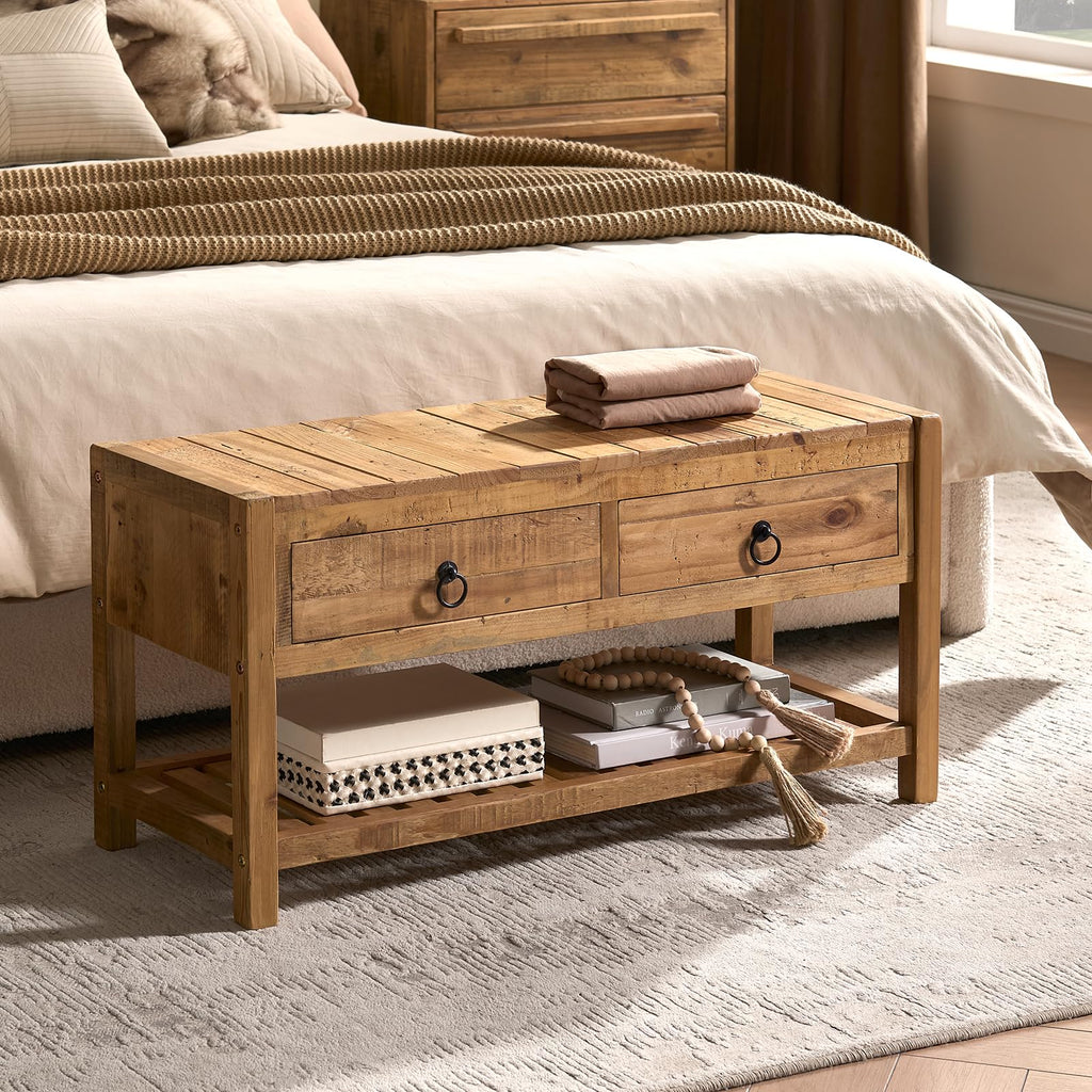 31.3" Reclaimed Solid Wood Entryway Bench with 2 Drawers & Shelf