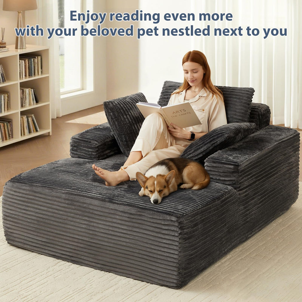 63'' Boneless Chaise Lounge Chair Indoor, Comfy Oversized Chair, Corduroy Upholstered Fluffy Cloud Couch, Deep Seat
