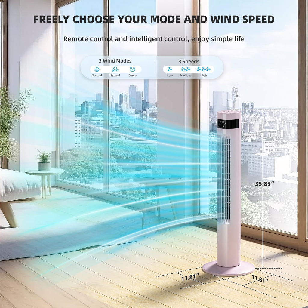 Tower Fan Portable Electric Oscillating Fan Quiet Remote Control Bladeless Floor Fan 3 Wind Speed Mode 12H Timer