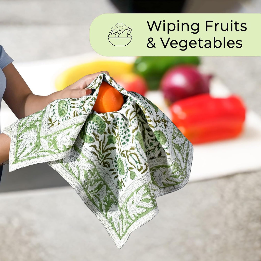 CPC Agate Green Hand Block Print Waffle Kitchen Towel Set of 3-16 x 28 Inch Ultra Absorbent Quick Dry Cotton Dish