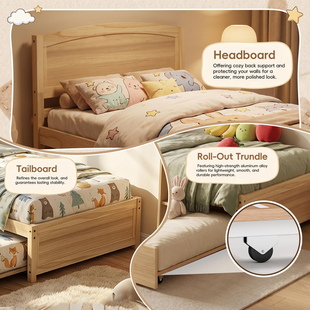Daybed with Trundle, Twin Size Pull Out Bed, Solid Wood Extendable Day Bed with Trundle, Include Slat Support