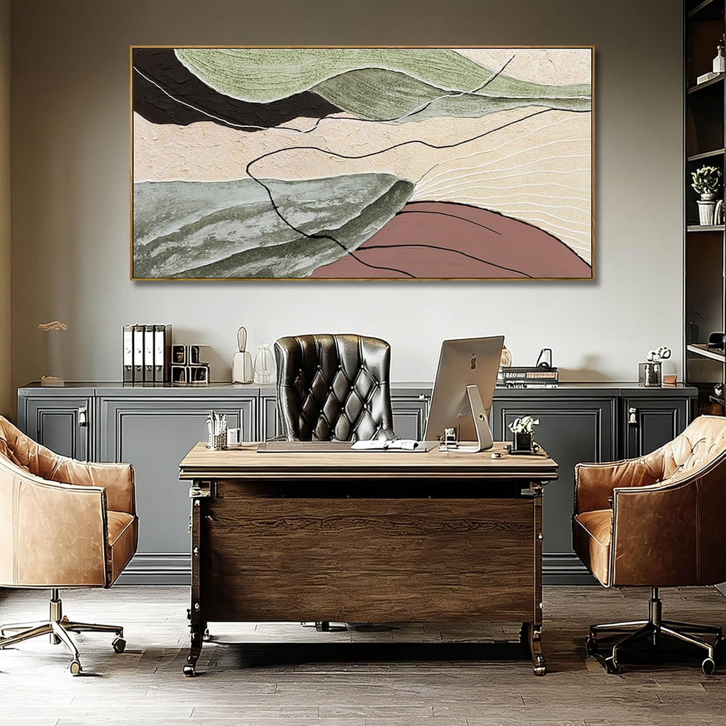Brown Green Abstract Canvas Wall Art, Framed Beige White Painting, Neutral Black Prints Wall Decor, In Artwork