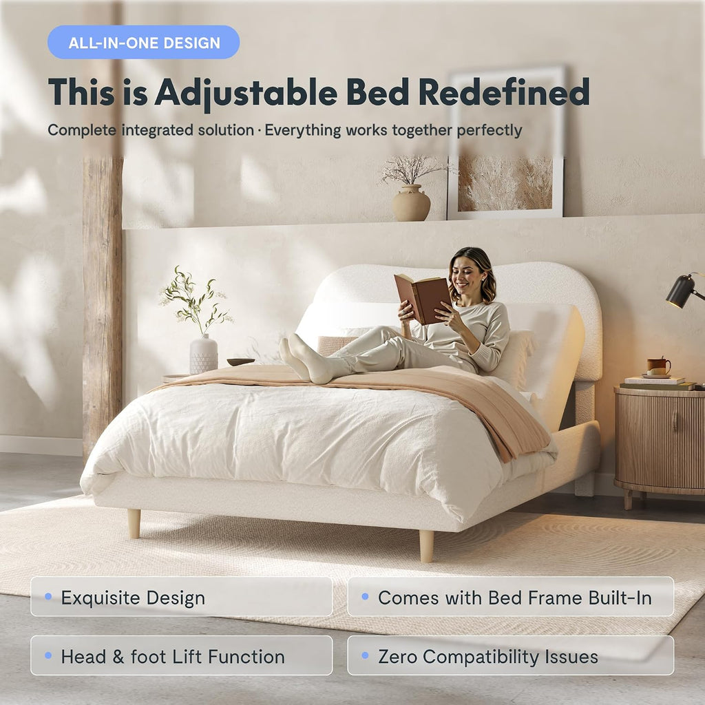 Queen Adjustable Bed with Boucle Upholstered Bed Frame, White