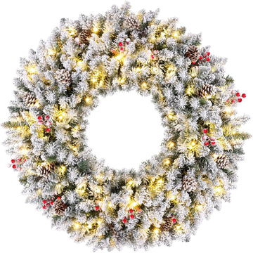 36in Large Flocked Artificial Prelit Christmas Wreath with Lights, 170 Warm White/Multicolor LED Lights, 8 Lighting