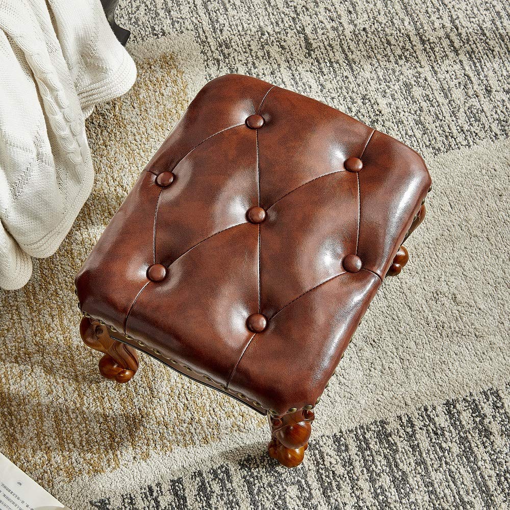 Small Footstool Brown Leather Ottoman, Vintage Carved Upholstered Footrest, Rubber Wooden Foot Rest Stool Sofa Stool