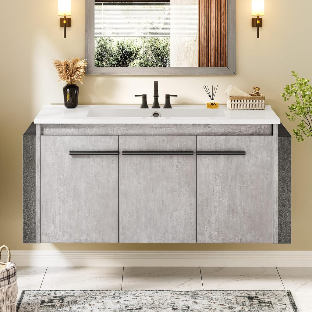 36" Modern Wall Mounted Bathroom Vanity with Sink - White & Gray Cabinet with 2 Soft-Close Doors