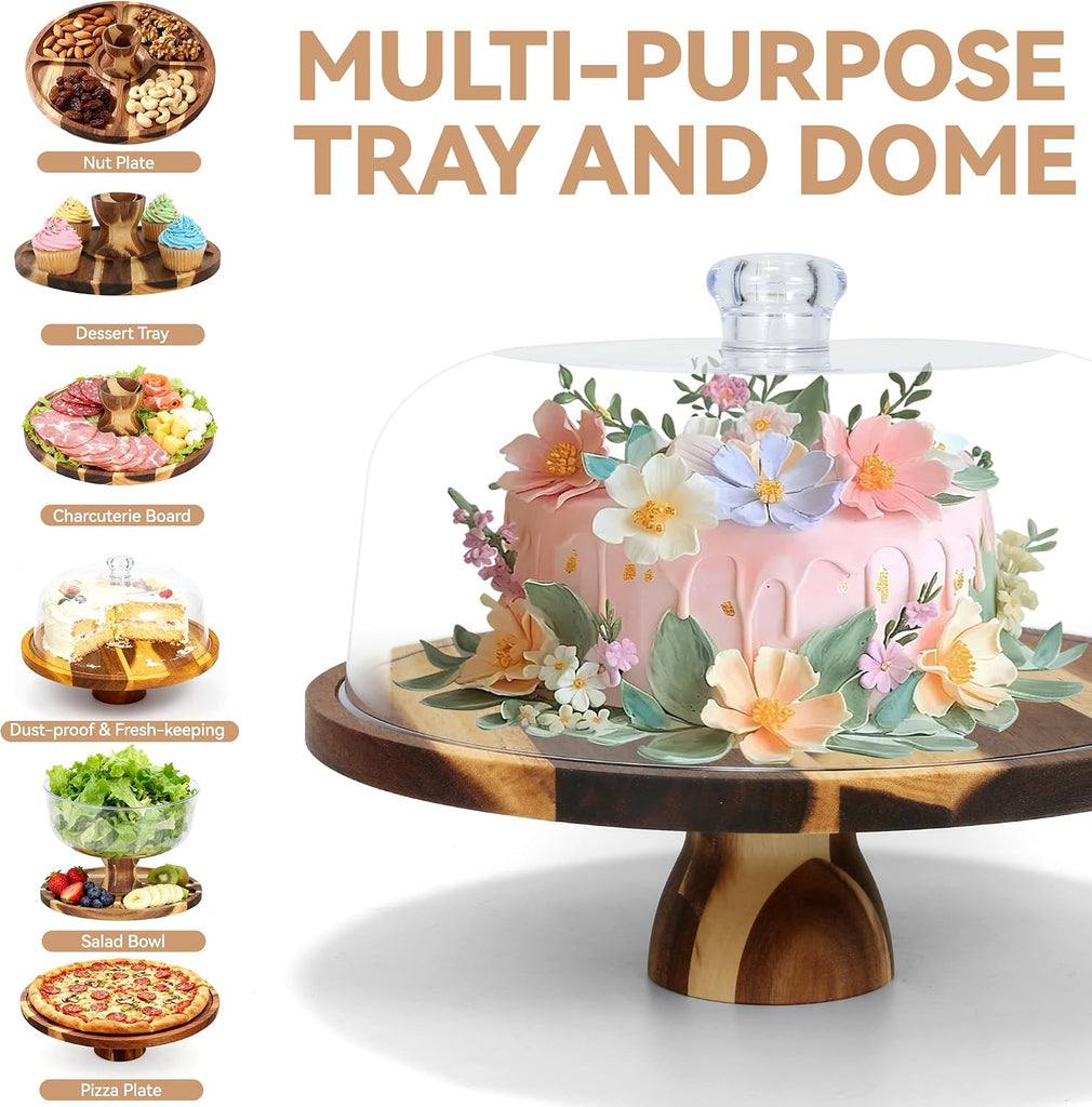 Acacia Wood Cake Stand with Lid - 12" Round Cake Holder & Dessert Stand, 2-in-1 Charcuterie Board & Serving Platter
