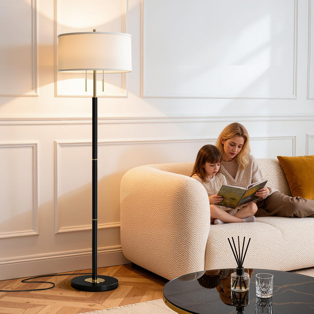 2-Light Mid Century Modern Floor Lamp, Standing Lamp with Fabric Shade and Pull Chain Switch, Tall Floor Lamp Corner