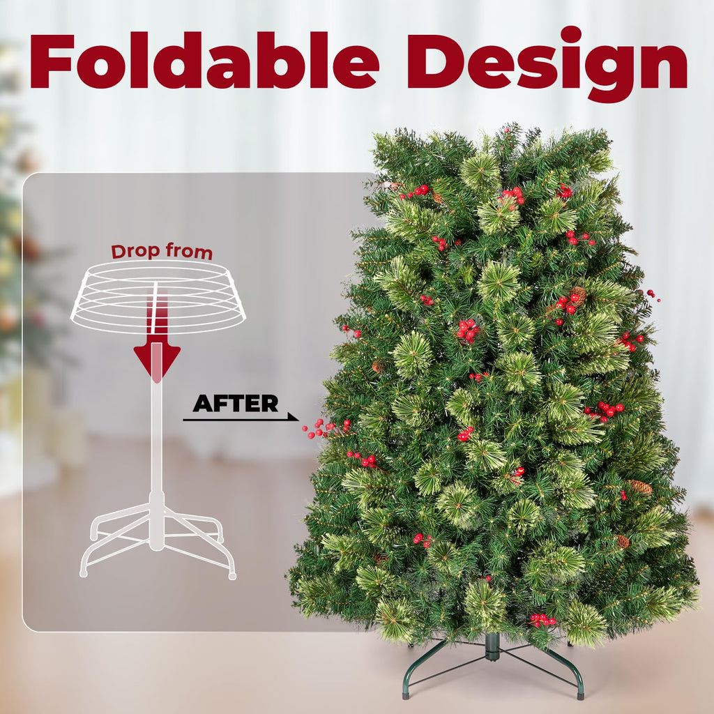 6 FT Prelit Pop Up with Lights, Artificial Decorated with Berries and Pine Cones, Tall Foldable Tree with Metal Base