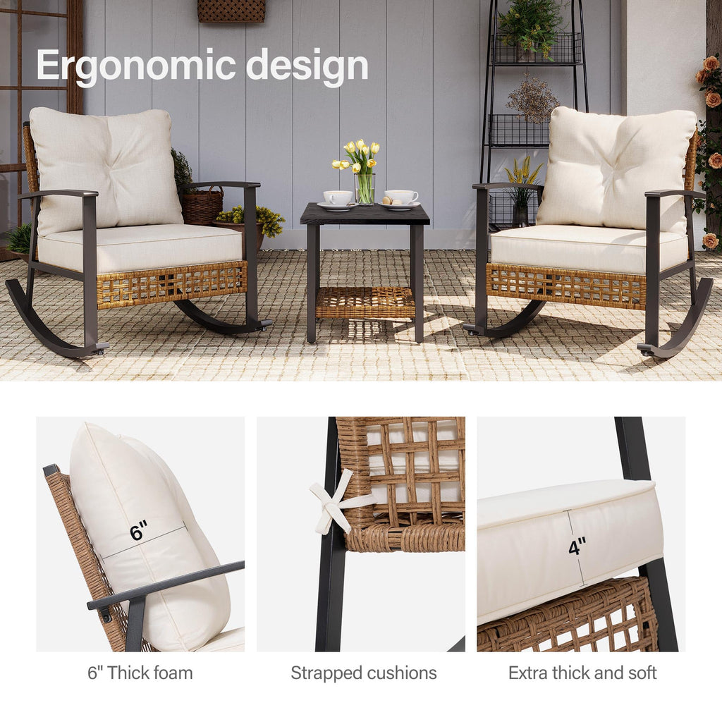 3-Piece Rocking Bistro Set, Outdoor Patio Furniture with Thick Cushions and 2-Tier Coffee Table, Oversize Rattan