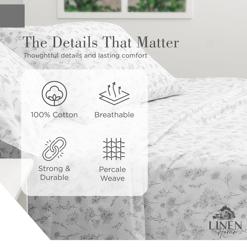 100% Cotton Printed Percale Sheet Set Grey Botanical