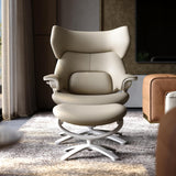 Modern Reclining Swivel Lounge Chair and Ottoman — White Genuine Leather