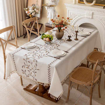 Rectangle Linen Tablecloth, Heavy Duty Waterproof Tablecloths, Farmhouse Embroidery Leaves Table Cloth with Tassels