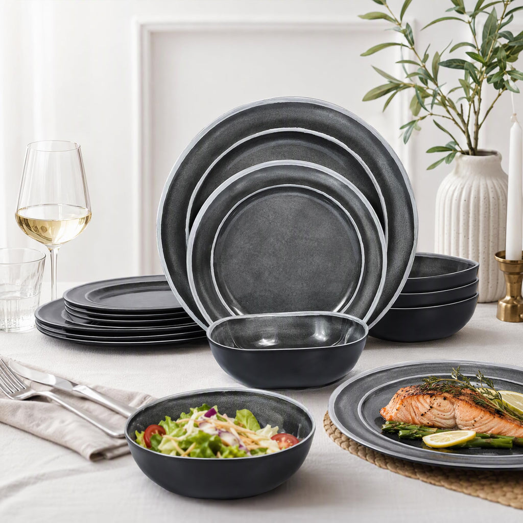 Black Melamine Dinnerware Set for 4,12Pcs Dish Set for Indoor & Outdoor Use