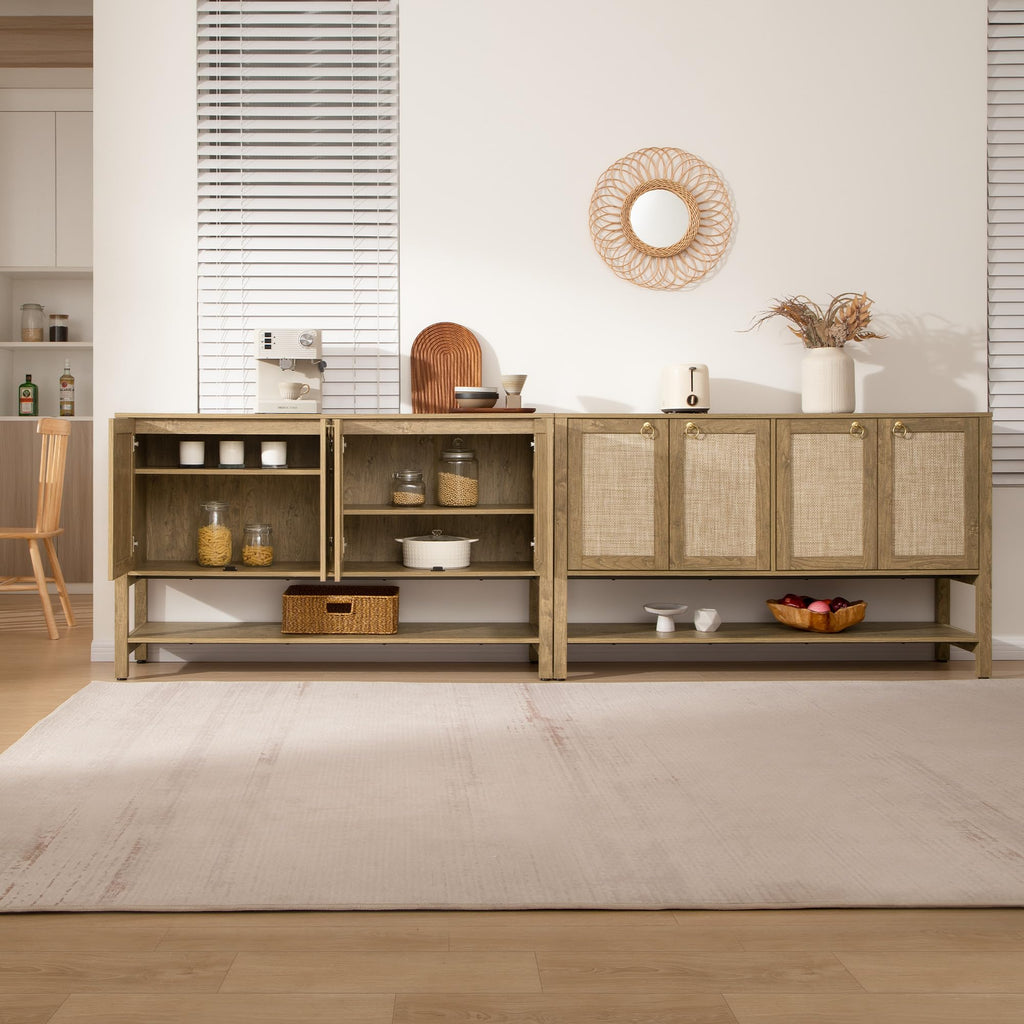 Boho Sideboard Buffet Cabinet with Rattan Doors, Storage Credenza
