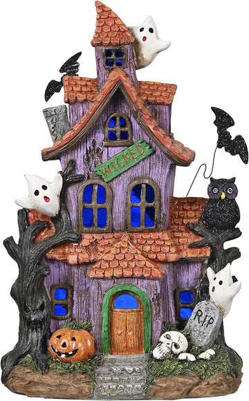 Halloween Decorations, Lighted Halloween Village Houses with LED Lights, Resin Spooky Town Happy Haunted House