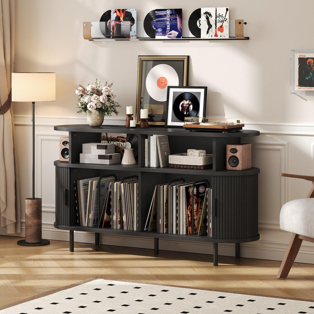 55" Large Round Record Player Stand with Charging Station, Black