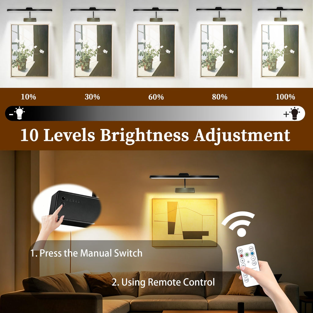Picture Light for Wall, 4800mAh Rechargeable Wireless Remote, 15in Dimmable Timer LED Art Display Light with 3 Color
