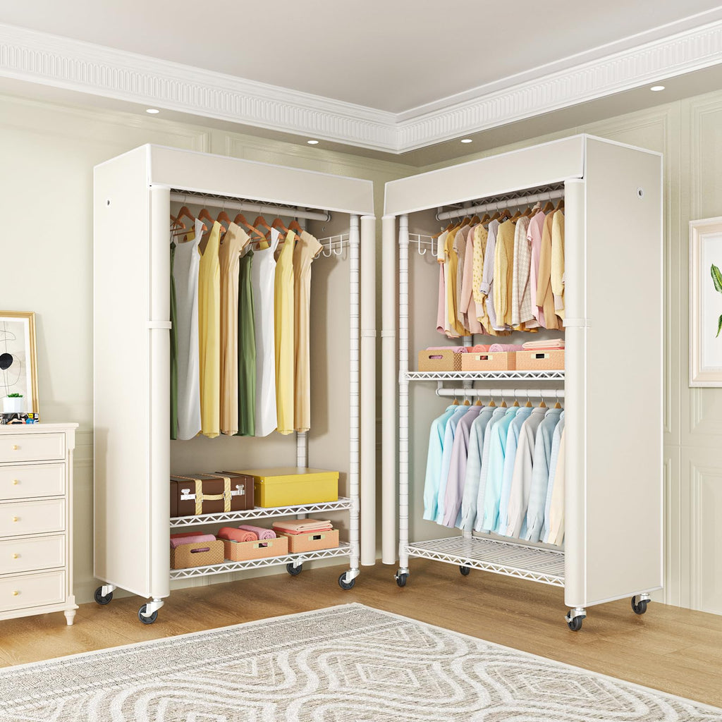 White Clothing Rack with Beige Cover, P1C Rolling Closets