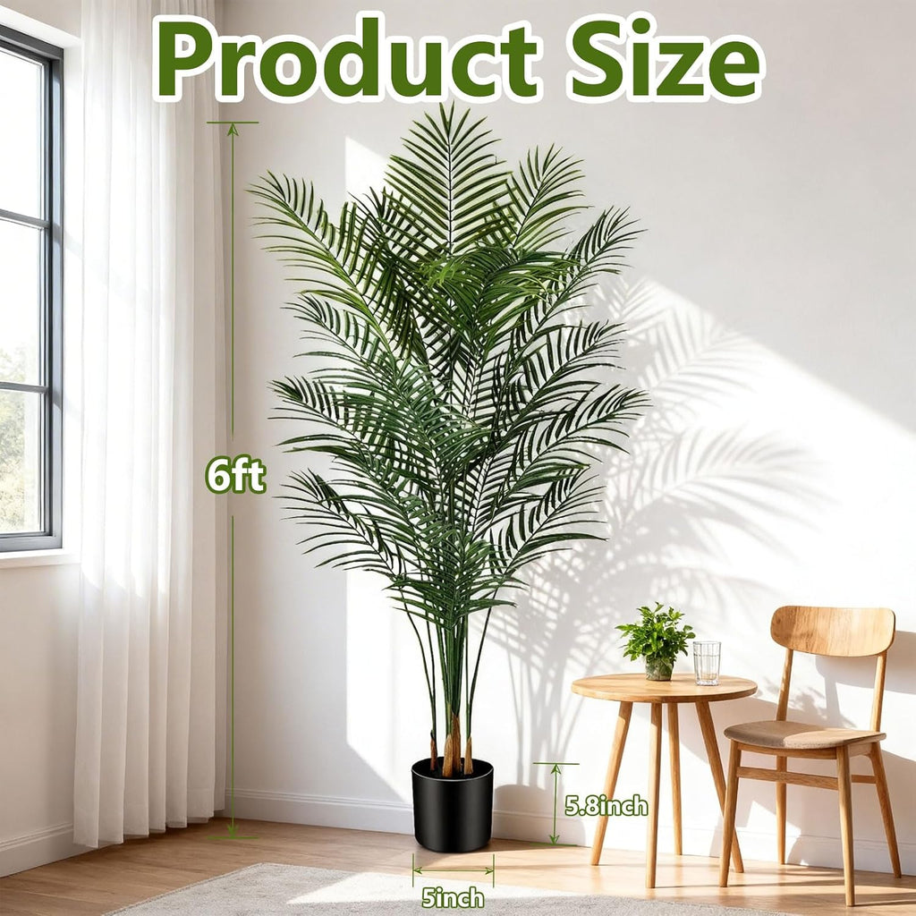 6ft Artificial Palm Tree Indoor, Large Fake Tropical Areca Palm with 18 Trunks, Tall Faux Floor Plants Living Rooms