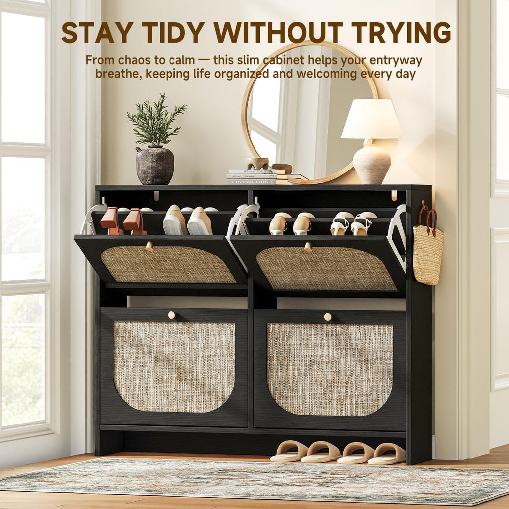 Shoe Storage Cabinet , Rattan Vintage Flip Shoe Rack- 4 Flip Drawers & 3-Tier Adjustable Shelves,Boho Shoe Organizer