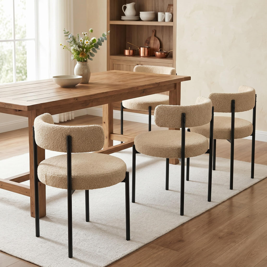 Mid-Century Modern Dining Chairs Set of 4, Boucle, Beige