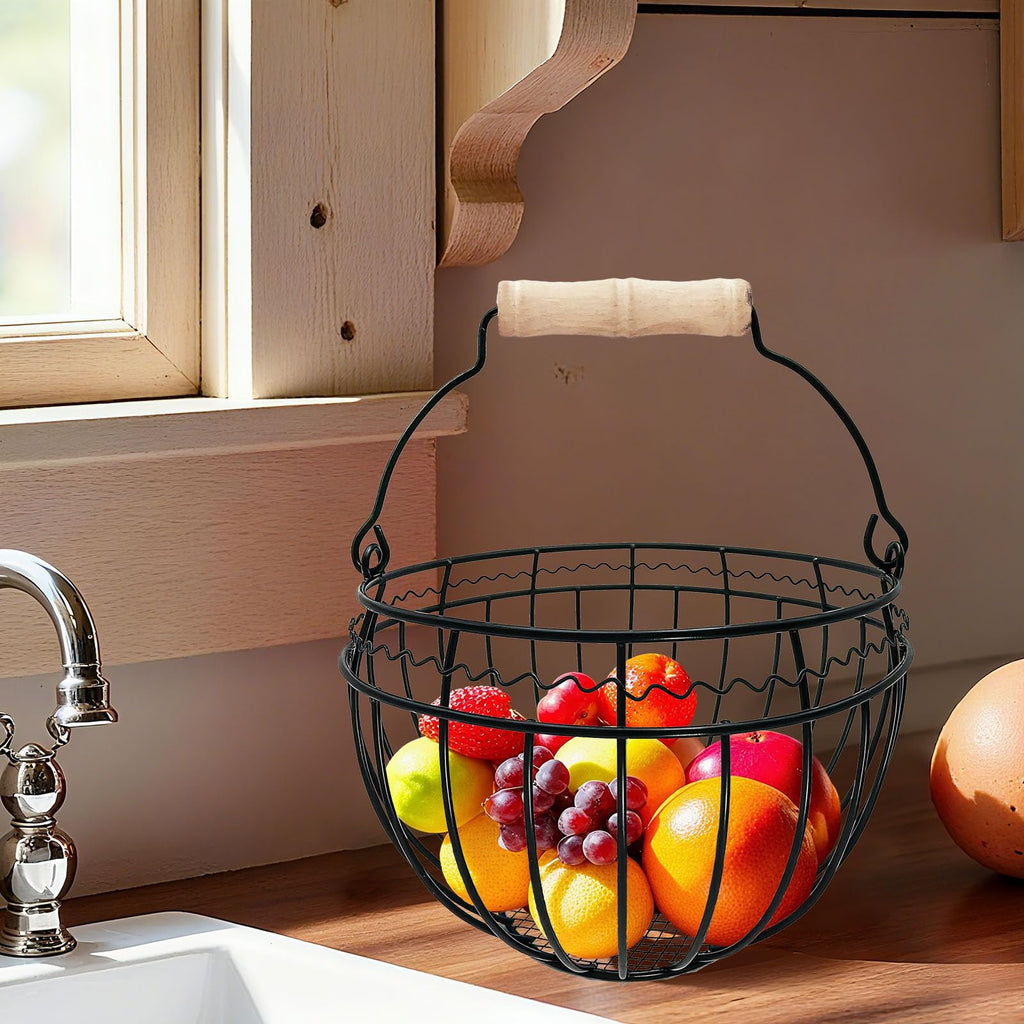 Wire Egg Basket for Gathering Fresh Eggs, Wooden Handle, Small, Holds 24