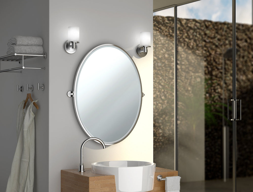 Latitude II Frameless Oval Bathroom, Wall Mounted Pivoting Tilting Vanity, Beveled Glass, Chrome Brackets, 26.5" H
