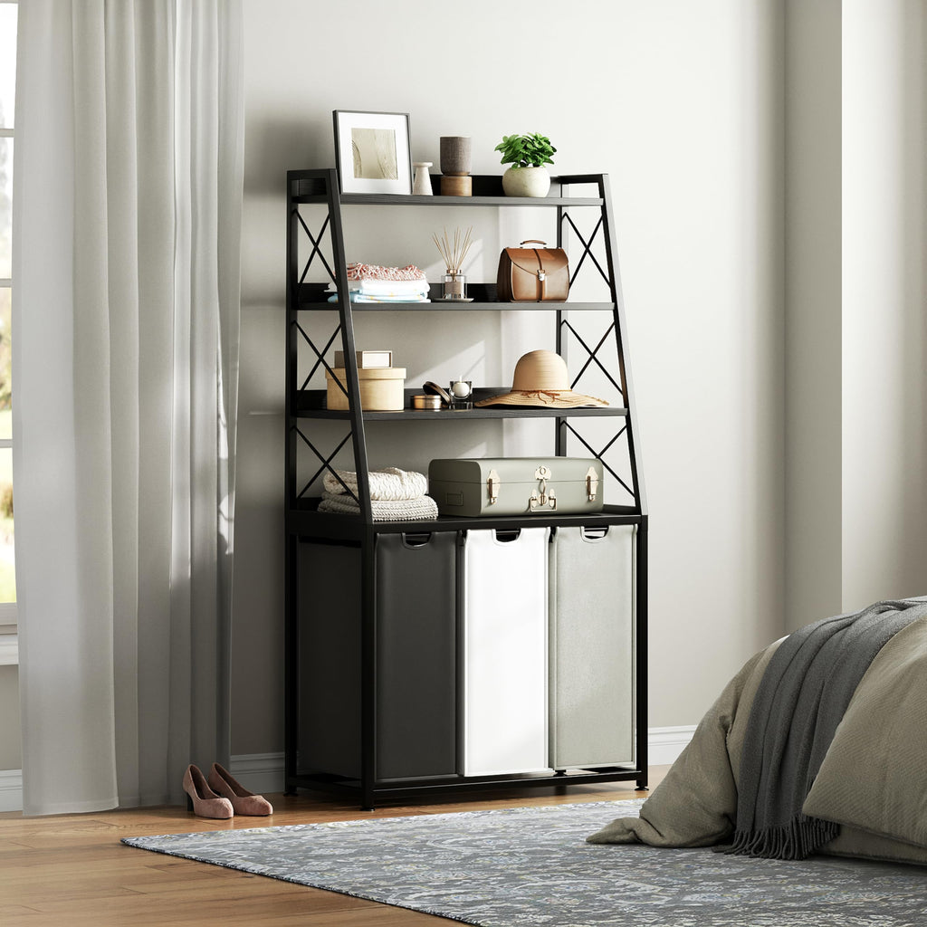 Laundry Basket, 3 Section Laundry Hamper with 4 Tiers Shelf, Pull-Out and Removable Laundry Bags, Large 3 x 15.87