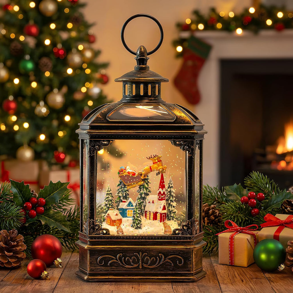 Christmas Snow Globe Swirling Glittering Lantern Santa Flying with Reindeer, USB Lined/Battery Operated Lighted Water